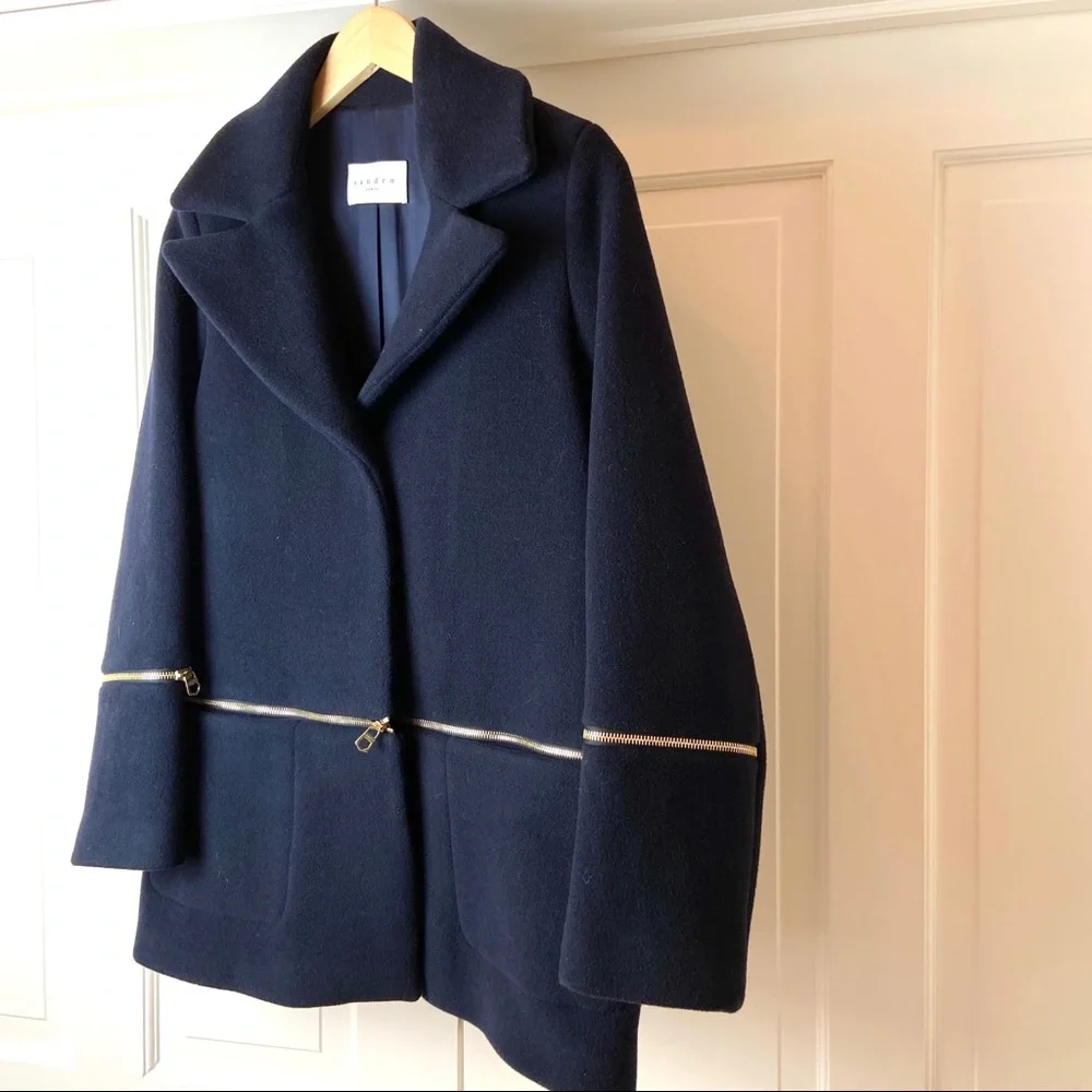 Sandro navy blue wool blend coat with zipper M